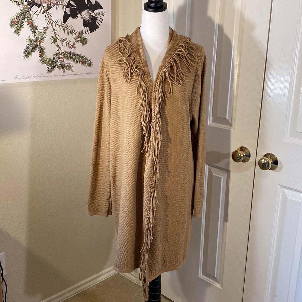 J Jill Open Front Fringed Duster Camel Size L